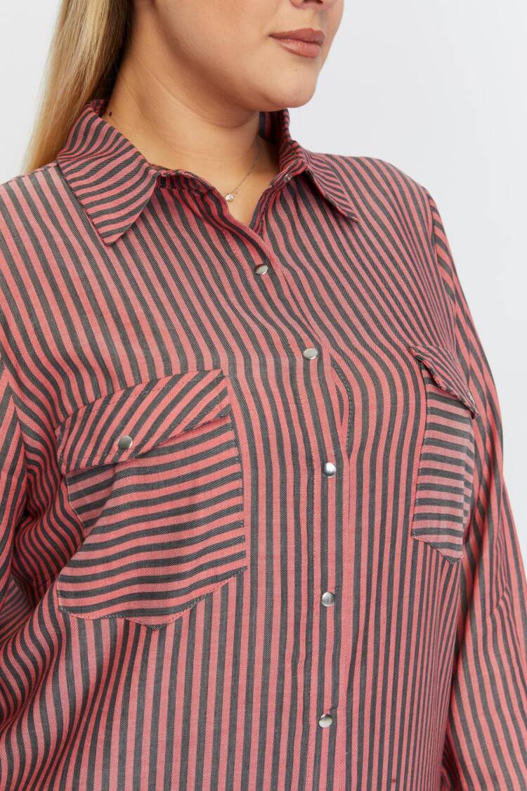 Pink Plus Size Casual Striped Polo Neck Shirt