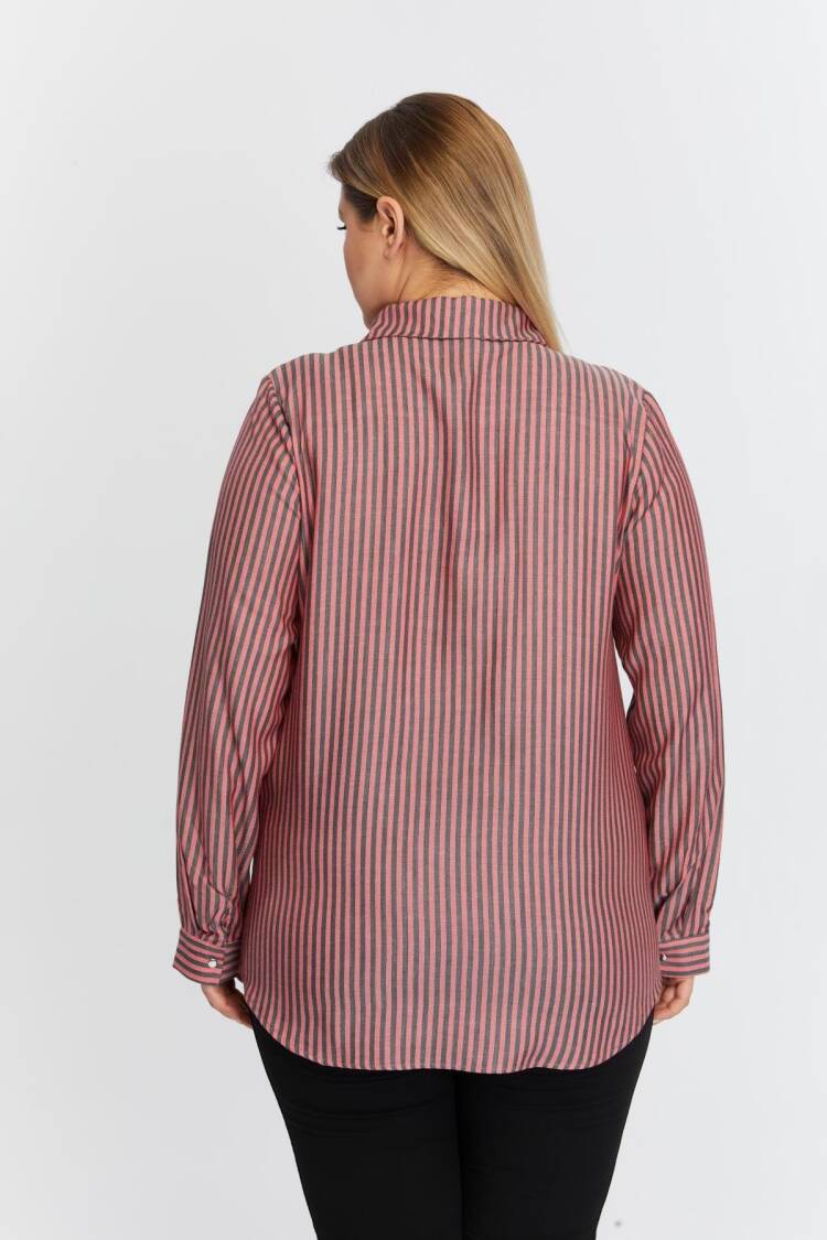 Pink Plus Size Casual Striped Polo Neck Shirt