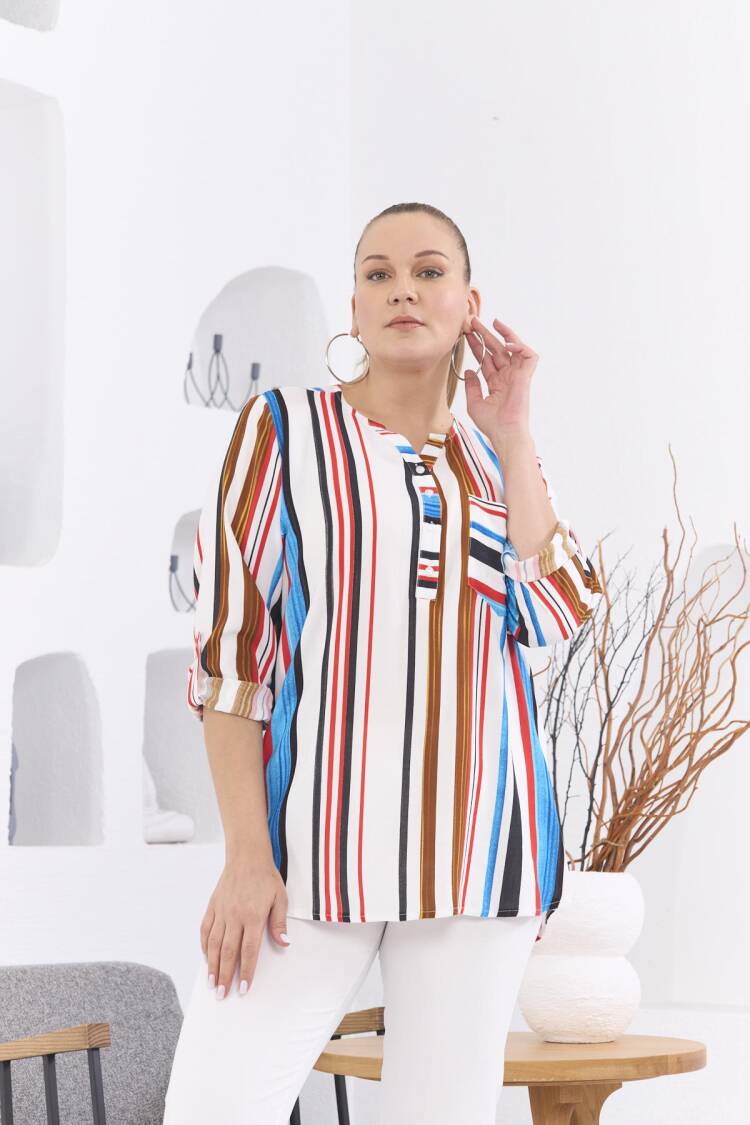 White Plus Size Casual Striped Blouse