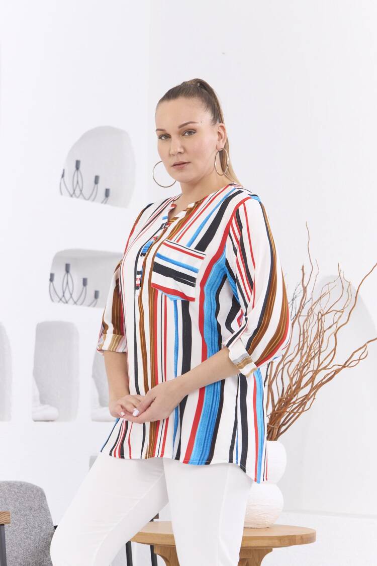 White Plus Size Casual Striped Blouse