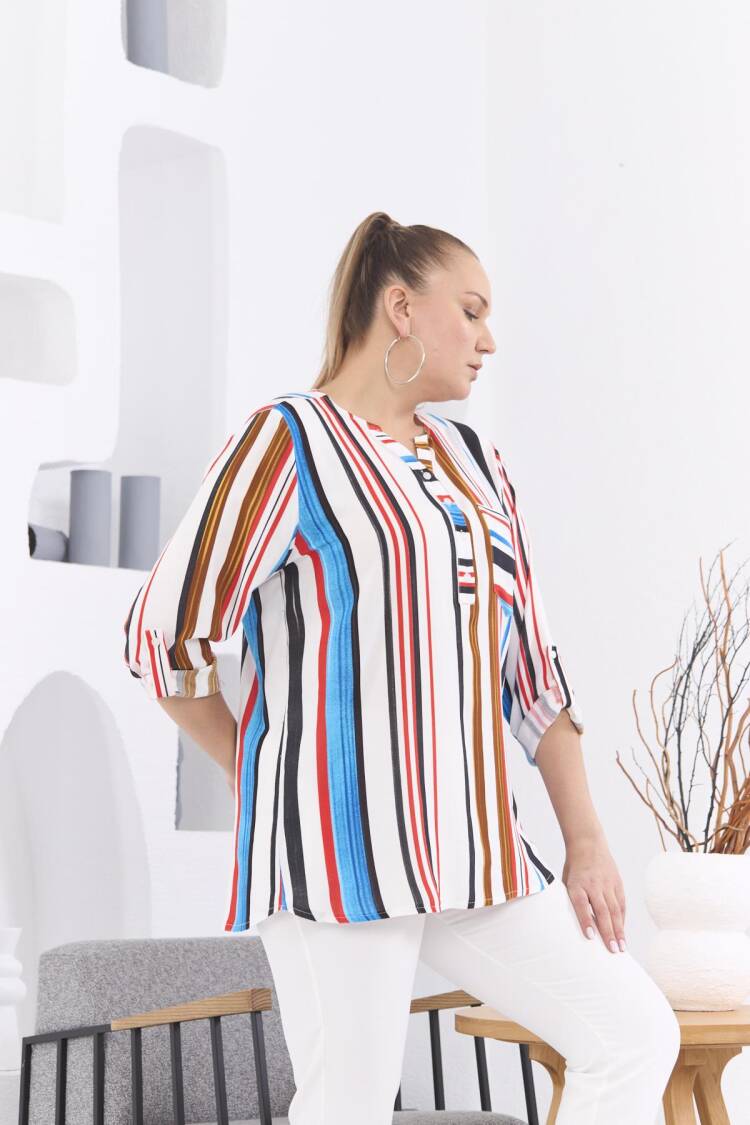 White Plus Size Casual Striped Blouse