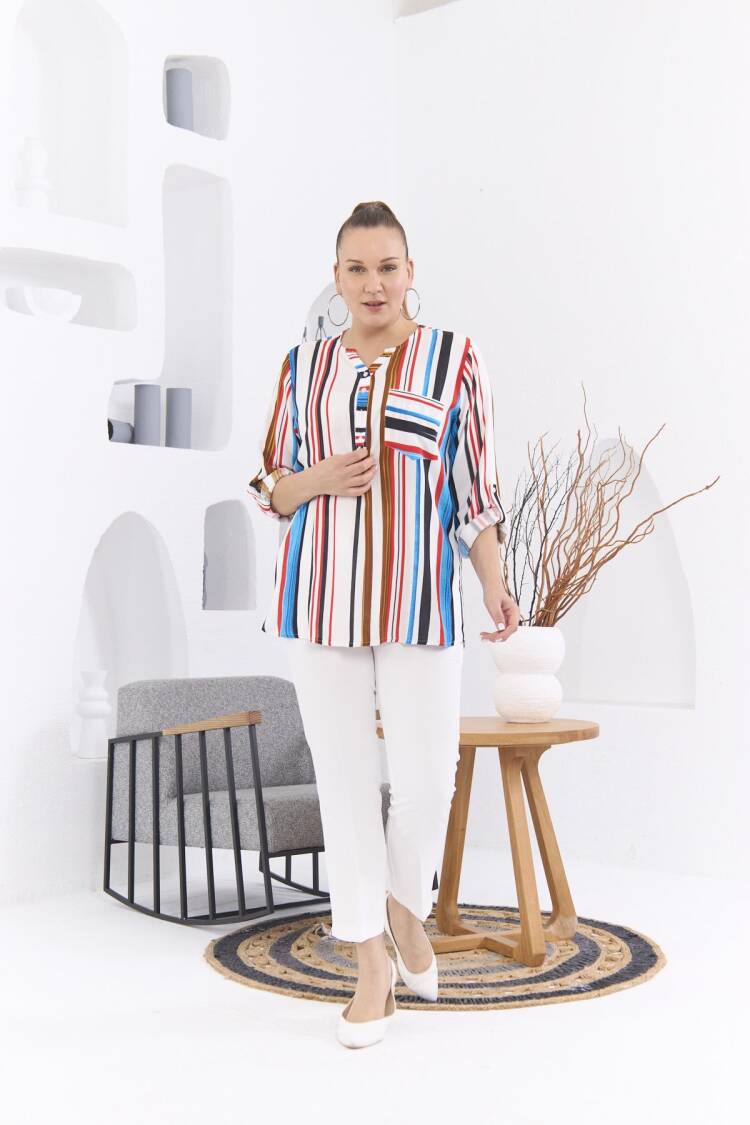 White Plus Size Casual Striped Blouse