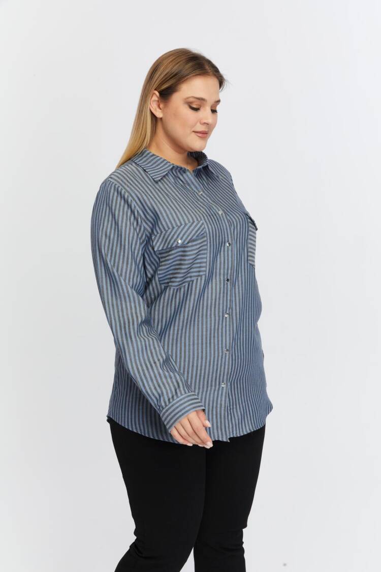 Blue Plus Size Casual Striped Polo Neck Shirt
