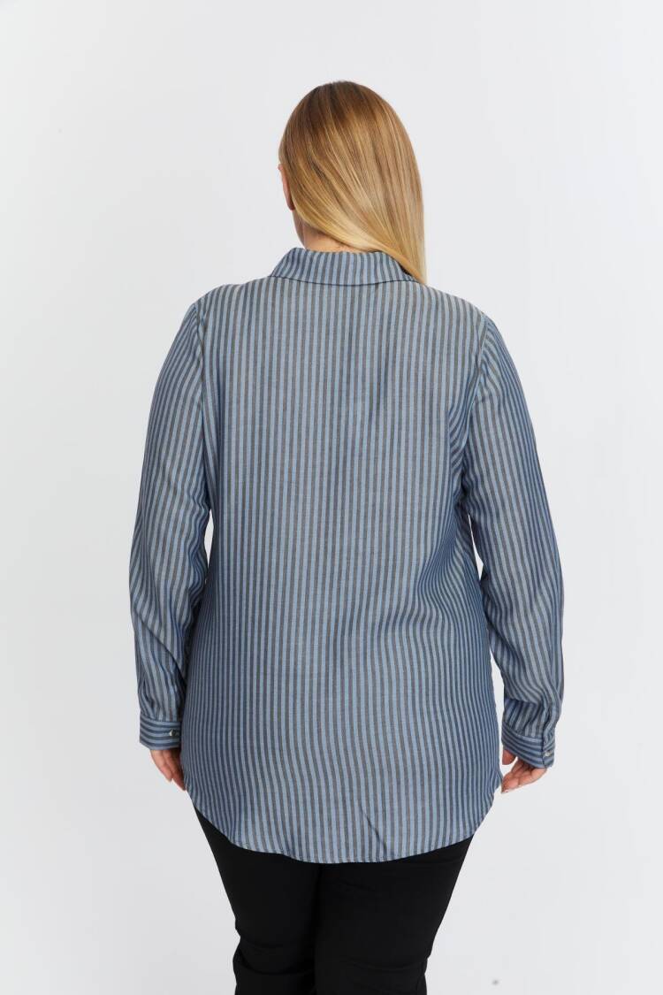 Blue Plus Size Casual Striped Polo Neck Shirt