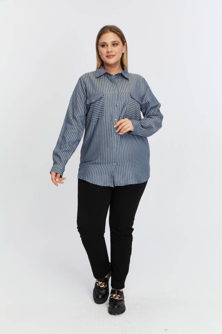 Blue Plus Size Casual Striped Polo Neck Shirt