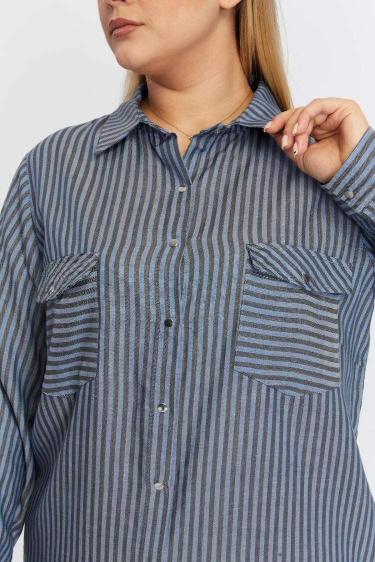 Blue Plus Size Casual Striped Polo Neck Shirt