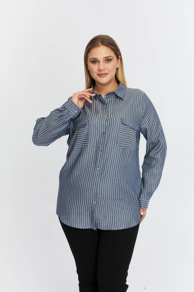 Blue Plus Size Casual Striped Polo Neck Shirt