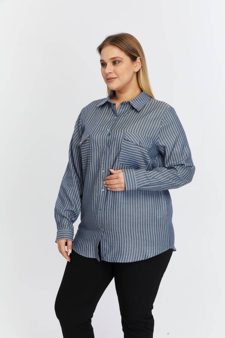 Blue Plus Size Casual Striped Polo Neck Shirt
