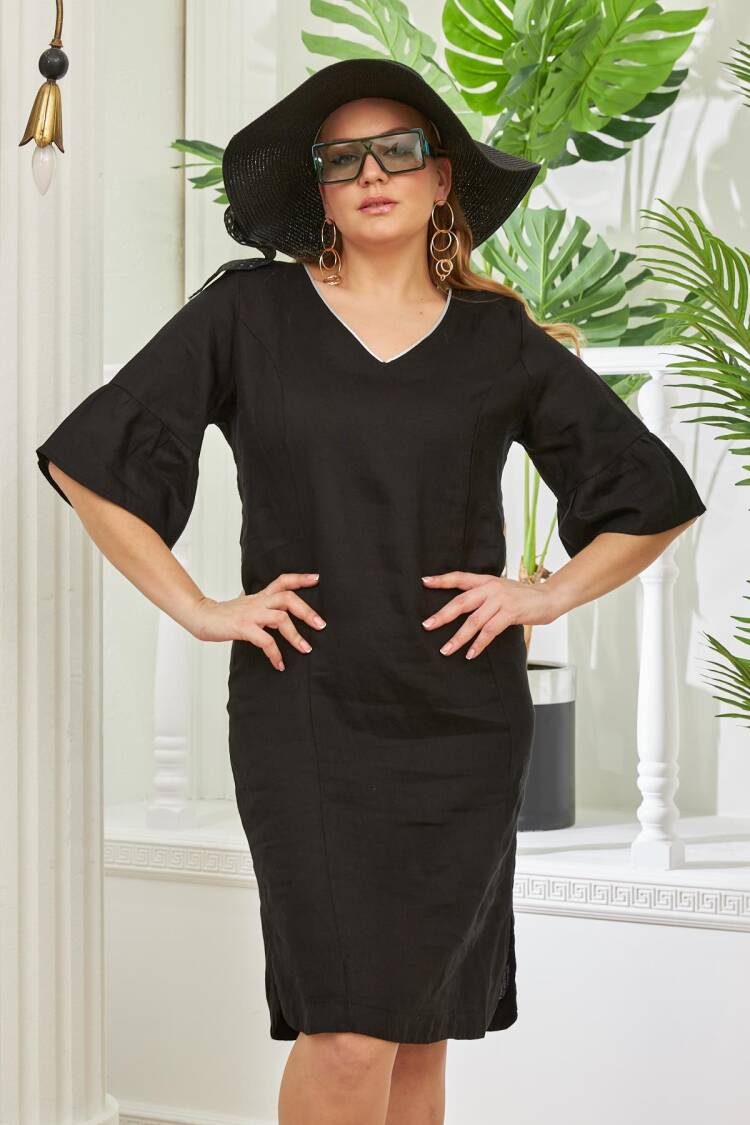 Black Elegant Sheath Dress With Ruffle 3/4 Sleeves