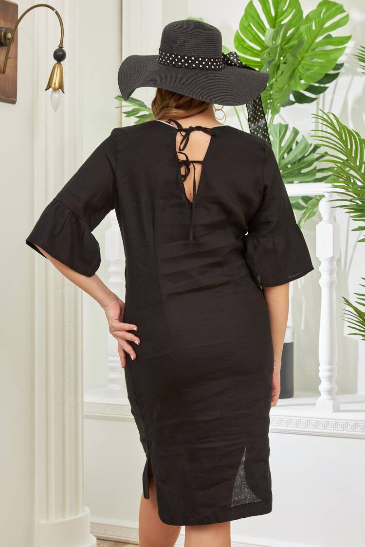 Black Elegant Sheath Dress With Ruffle 3/4 Sleeves
