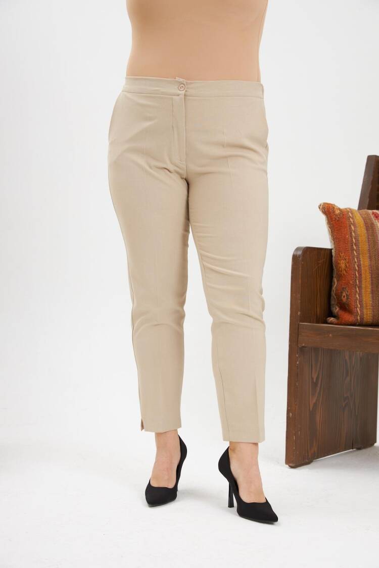 Beige Tapered Cropped Pants With Buttoned Closure
