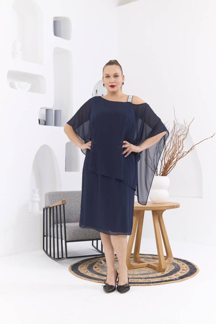 Shoulder Stone Printed Plus Size Navy Chiffon Dress