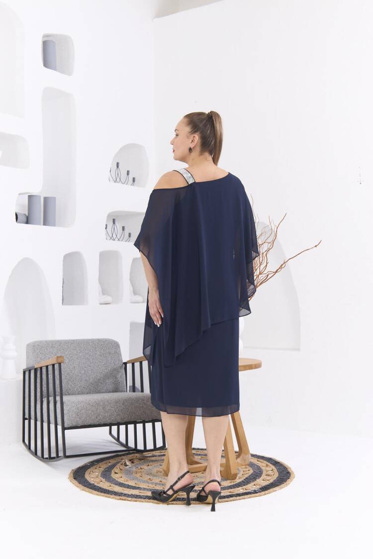 Shoulder Stone Printed Plus Size Navy Chiffon Dress