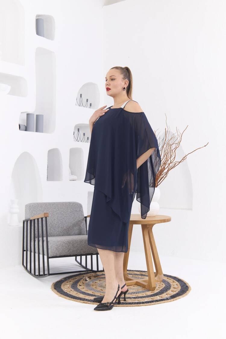 Shoulder Stone Printed Plus Size Navy Chiffon Dress