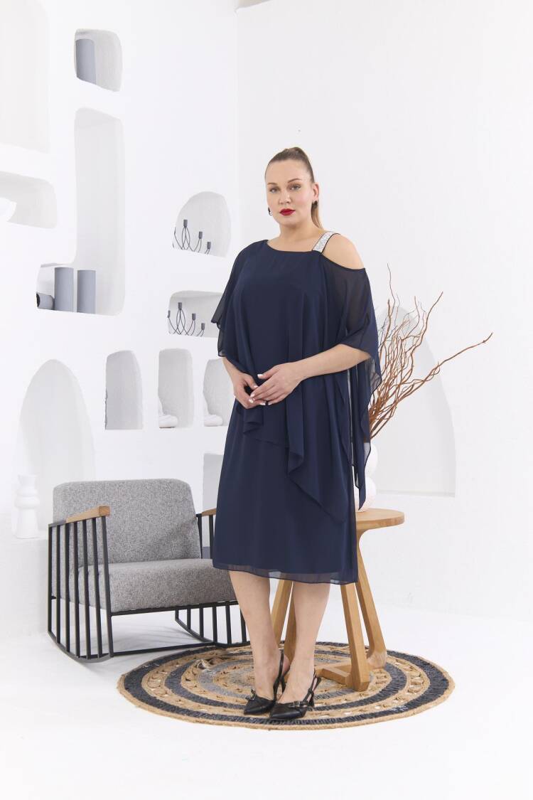 Shoulder Stone Printed Plus Size Navy Chiffon Dress