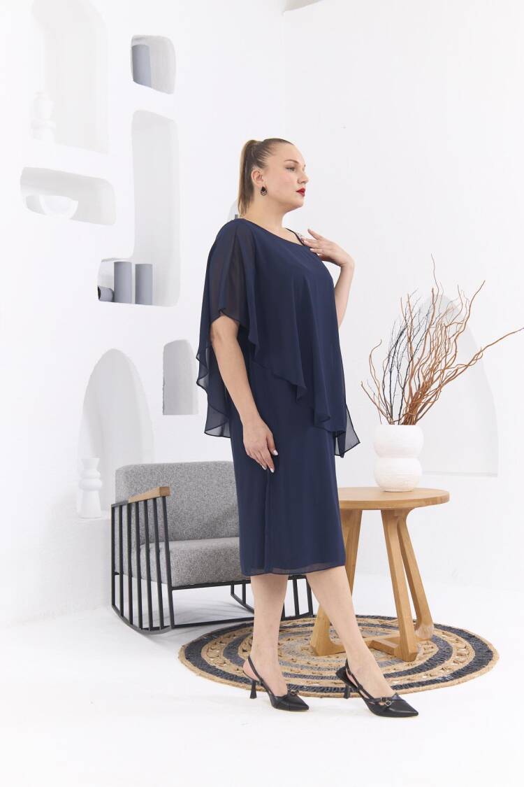Shoulder Stone Printed Plus Size Navy Chiffon Dress