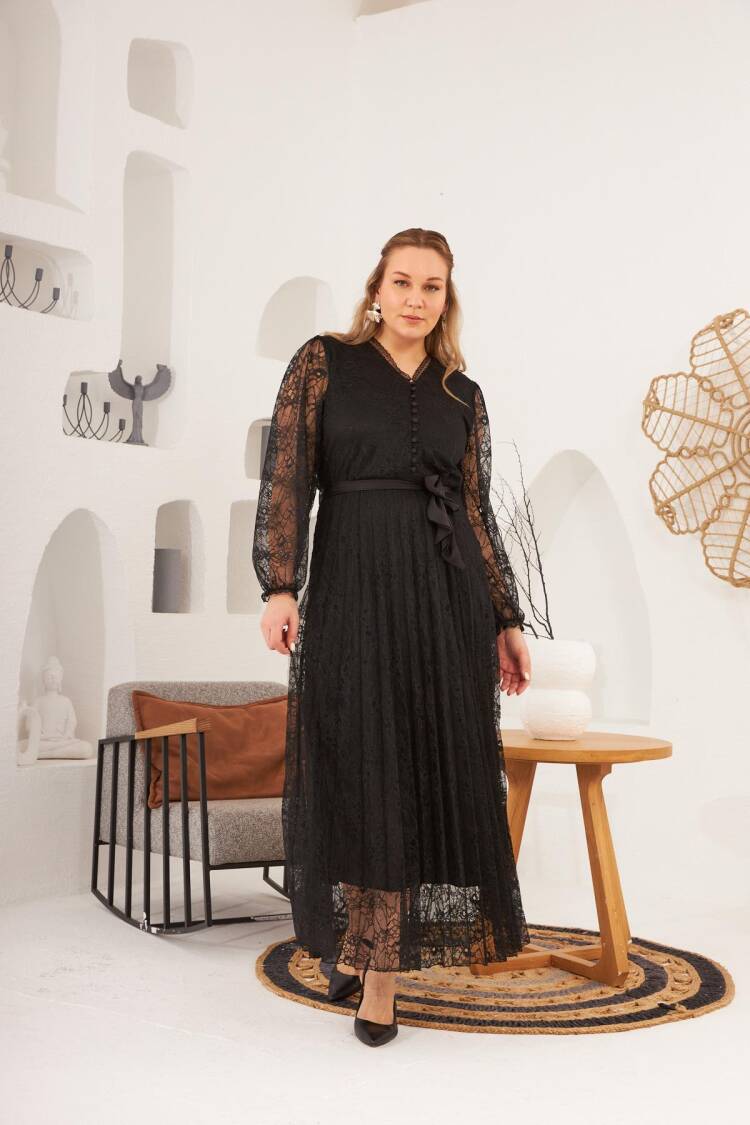 Collar Detailed Plus Size Black Lace Dress