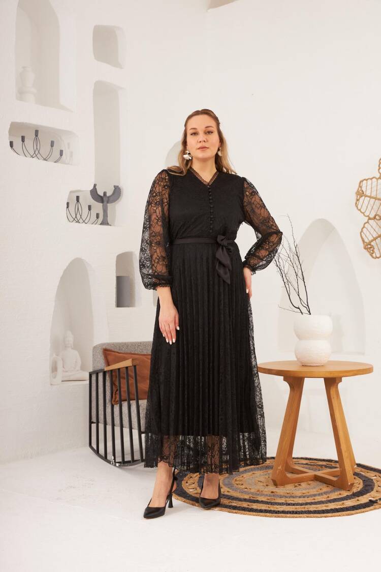 Collar Detailed Plus Size Black Lace Dress