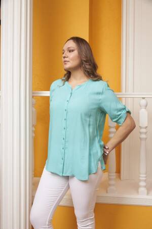 Blue Plus Size Grandad Neck Shirt