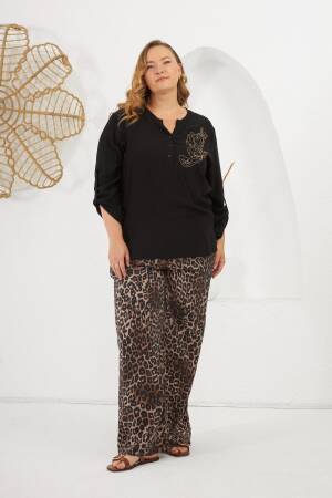 Black Plus Size Casual Blouse With Grandad Neck