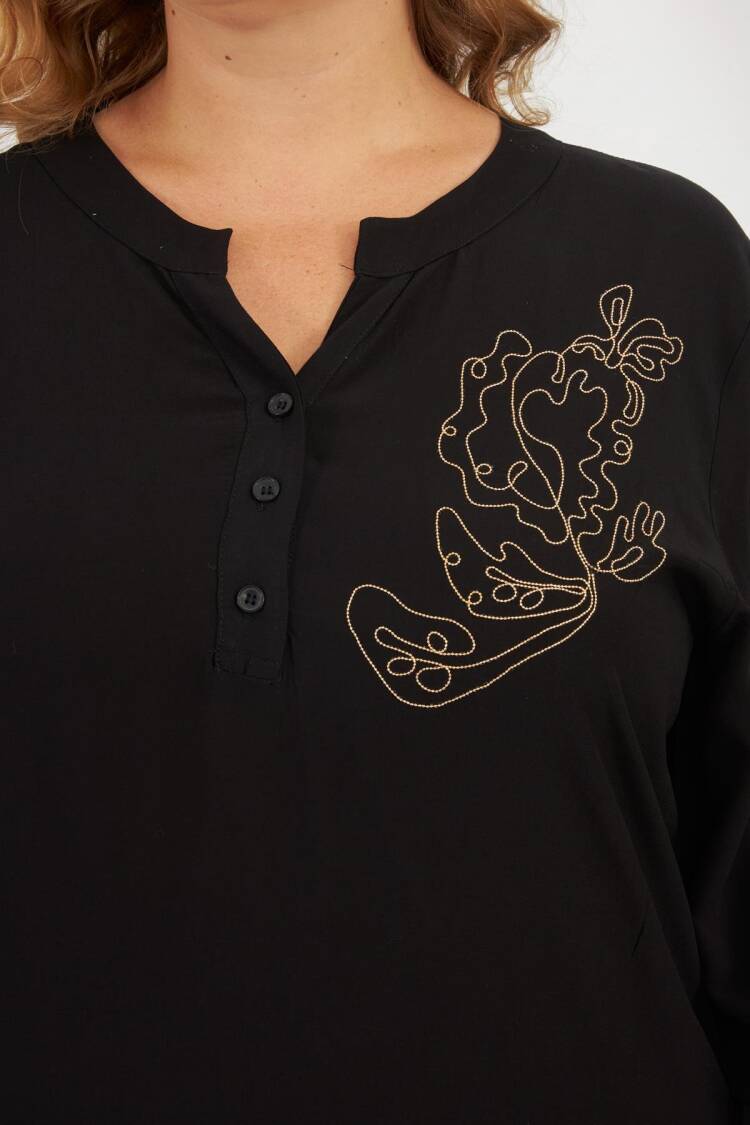 Black Plus Size Casual Blouse With Grandad Neck