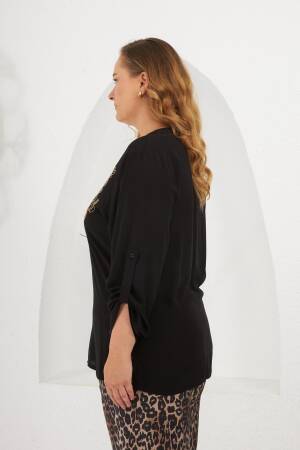 Black Plus Size Casual Blouse With Grandad Neck