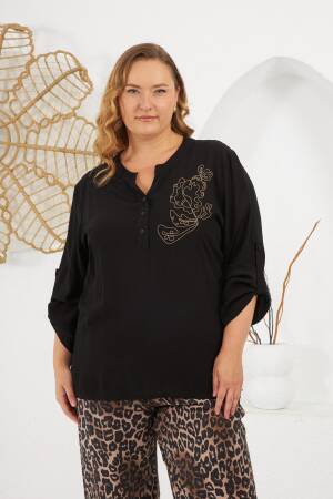 Black Plus Size Casual Blouse With Grandad Neck