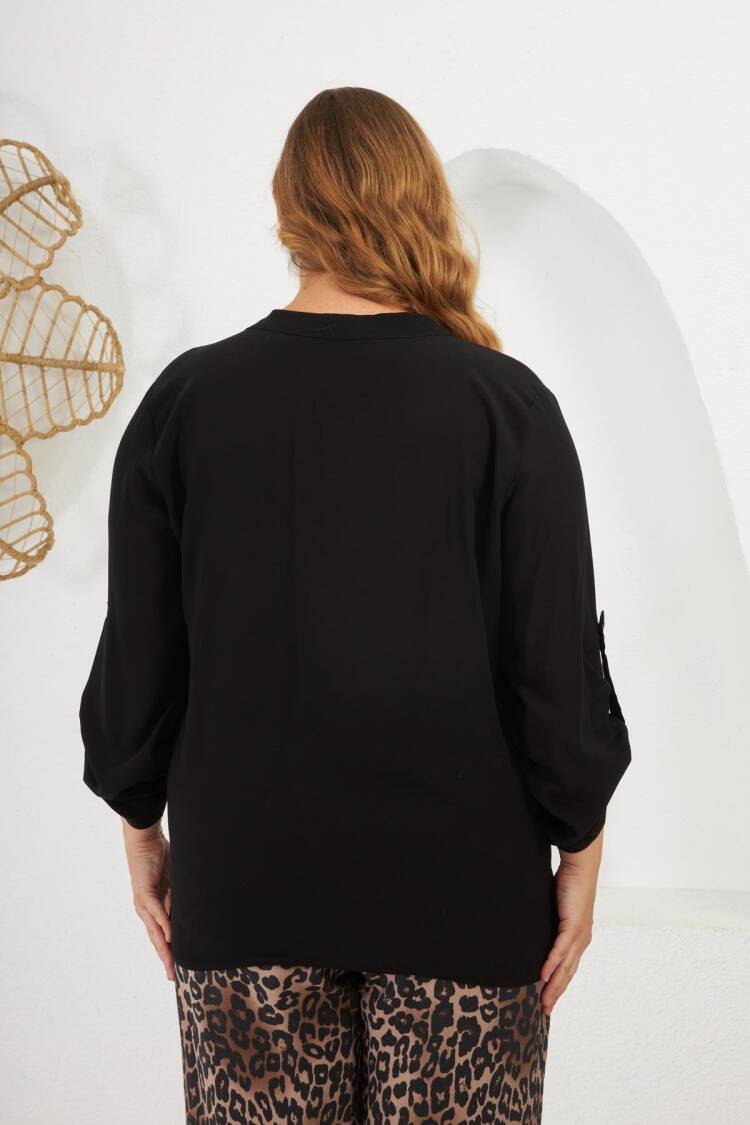 Black Plus Size Casual Blouse With Grandad Neck