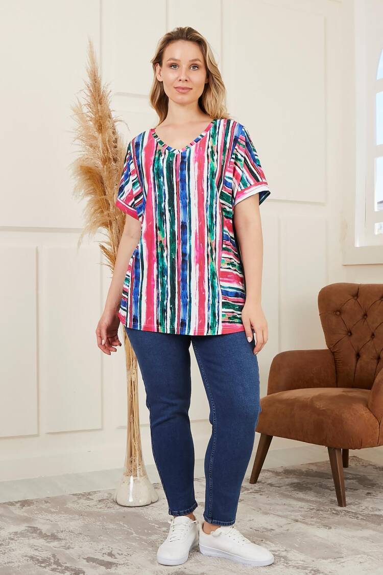 Pink Casual Plus Size Striped Blouse