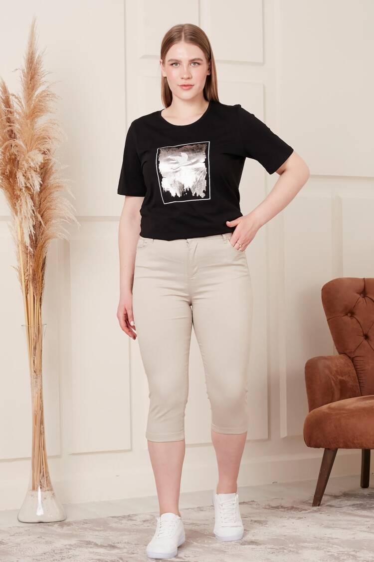 Beige Plus Size Mom Pants With Cropped Straight Leg