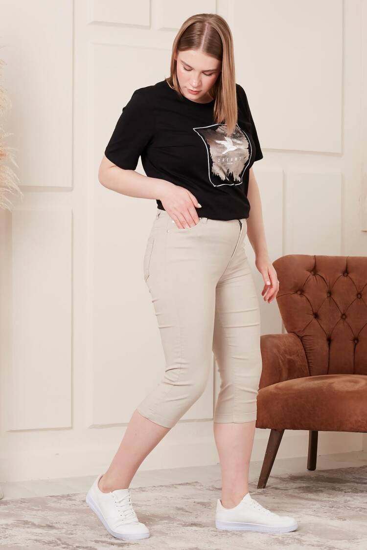 Beige Plus Size Mom Pants With Cropped Straight Leg