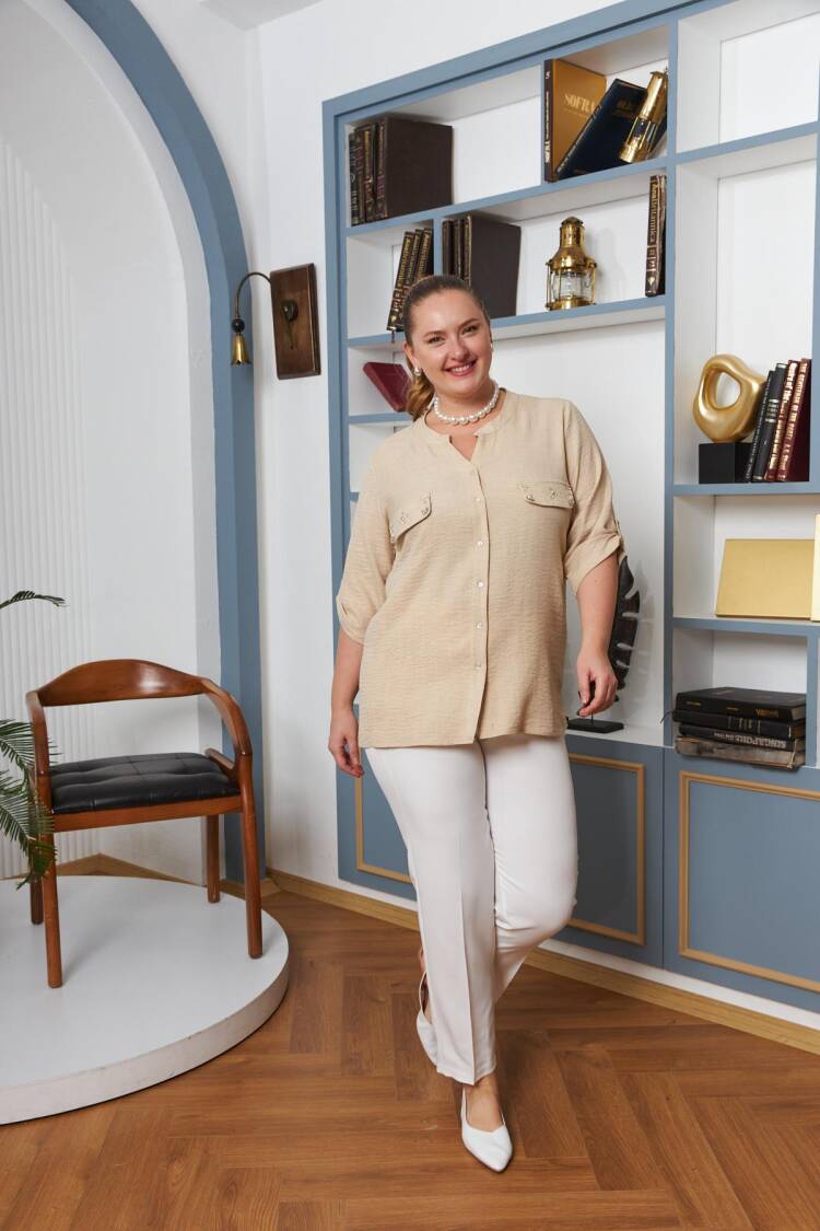 Beige Plus Size Casual Shirt With Buttoned Closure