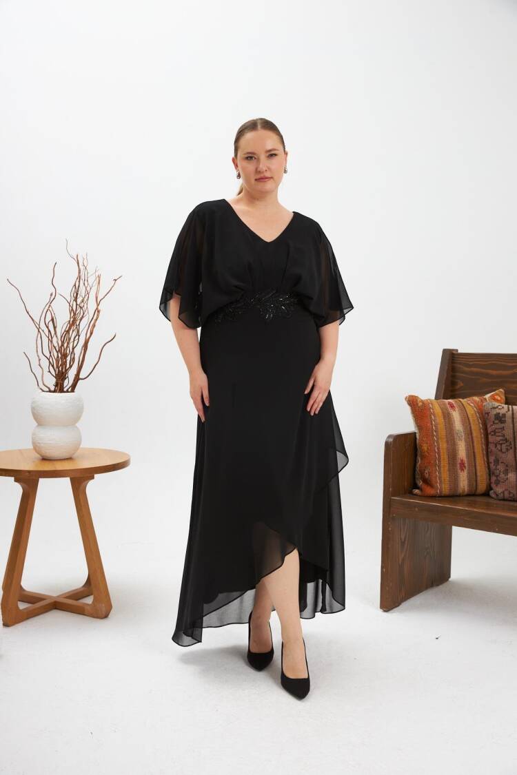 Elegant Black Plus Size Wrap Dress With V-Neck
