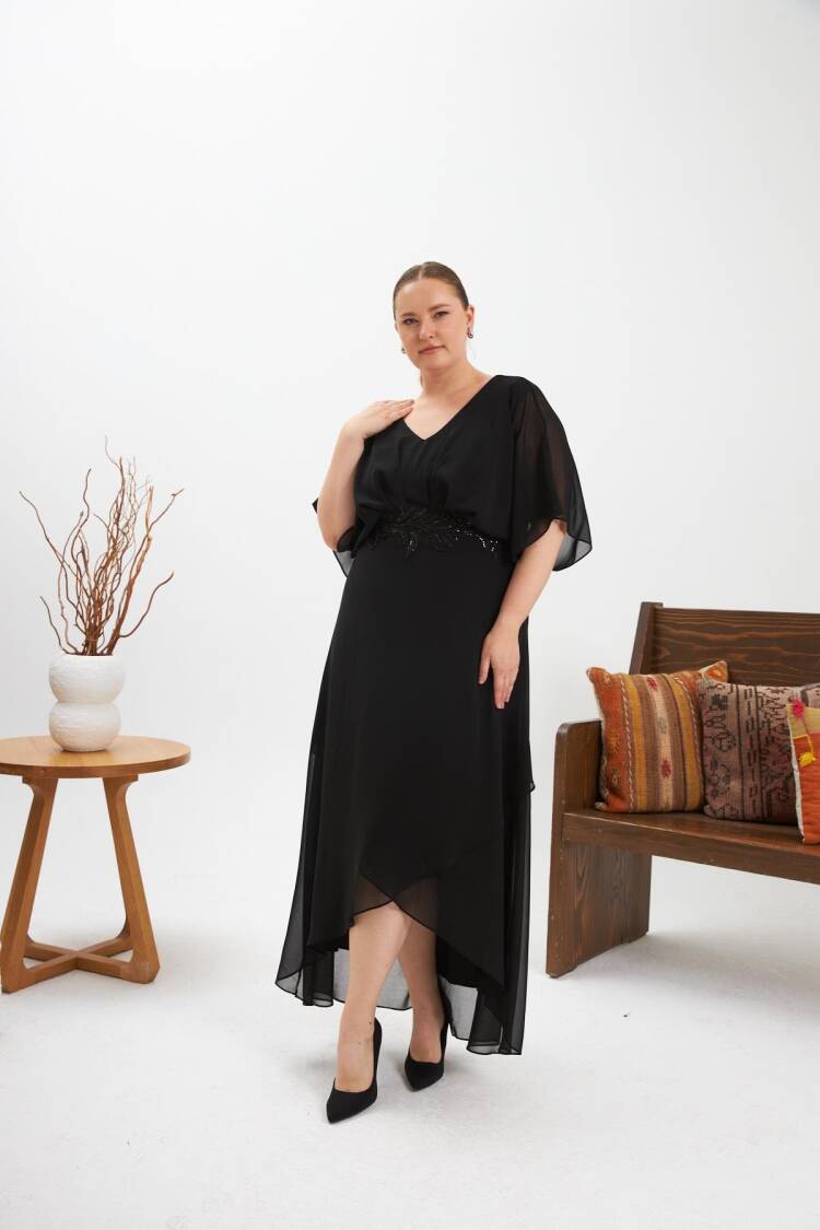 Elegant Black Plus Size Wrap Dress With V-Neck