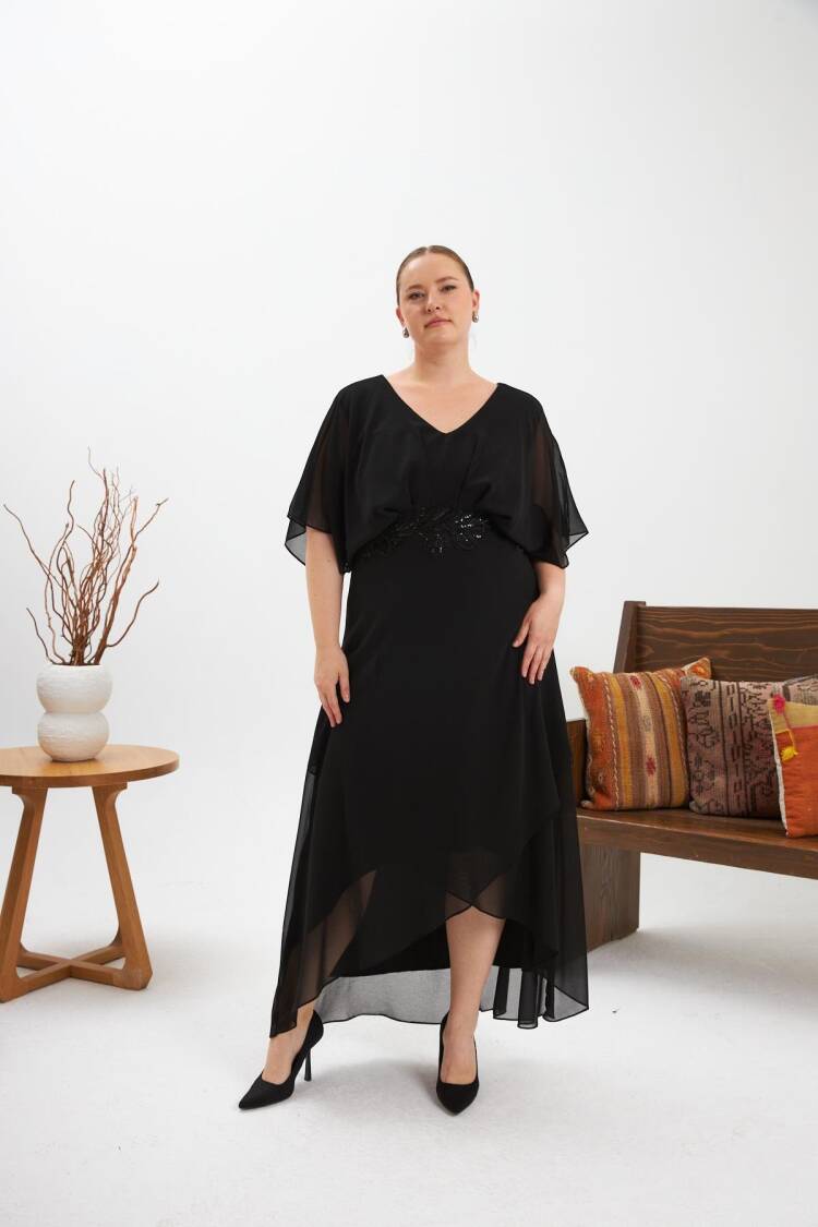 Elegant Black Plus Size Wrap Dress With V-Neck