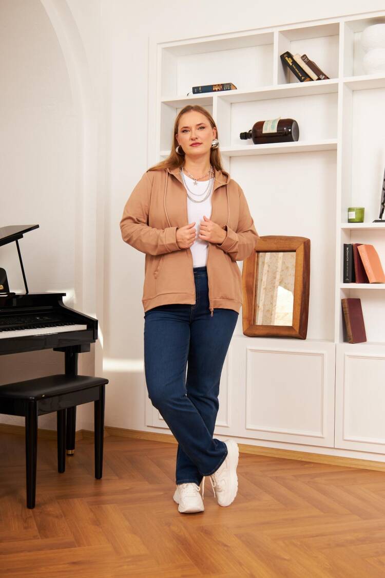 Beige Sweatshirt With Hooded Neck - Casual Plus Size