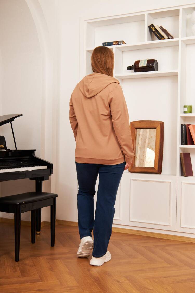 Beige Sweatshirt With Hooded Neck - Casual Plus Size