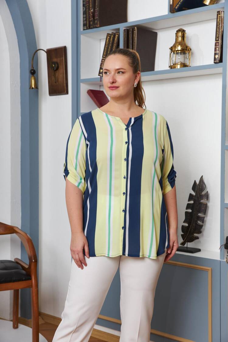 Blue Plus Size Casual Blouse With Stripes