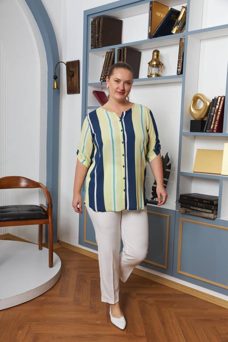 Blue Plus Size Casual Blouse With Stripes
