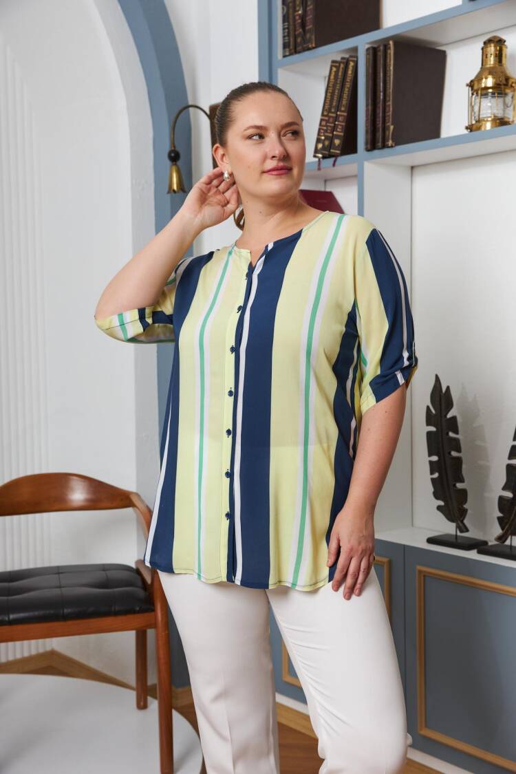 Blue Plus Size Casual Blouse With Stripes