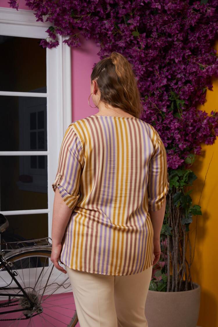Yellow Striped Casual Plus Size Blouse Elegant
