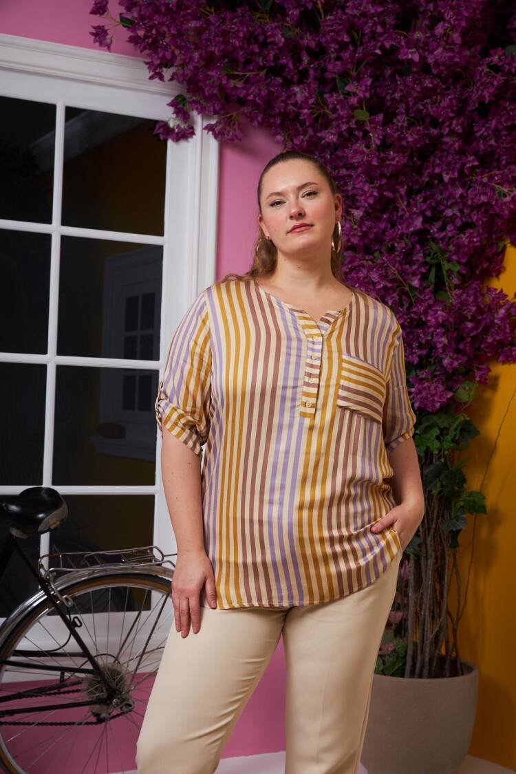 Yellow Striped Casual Plus Size Blouse Elegant