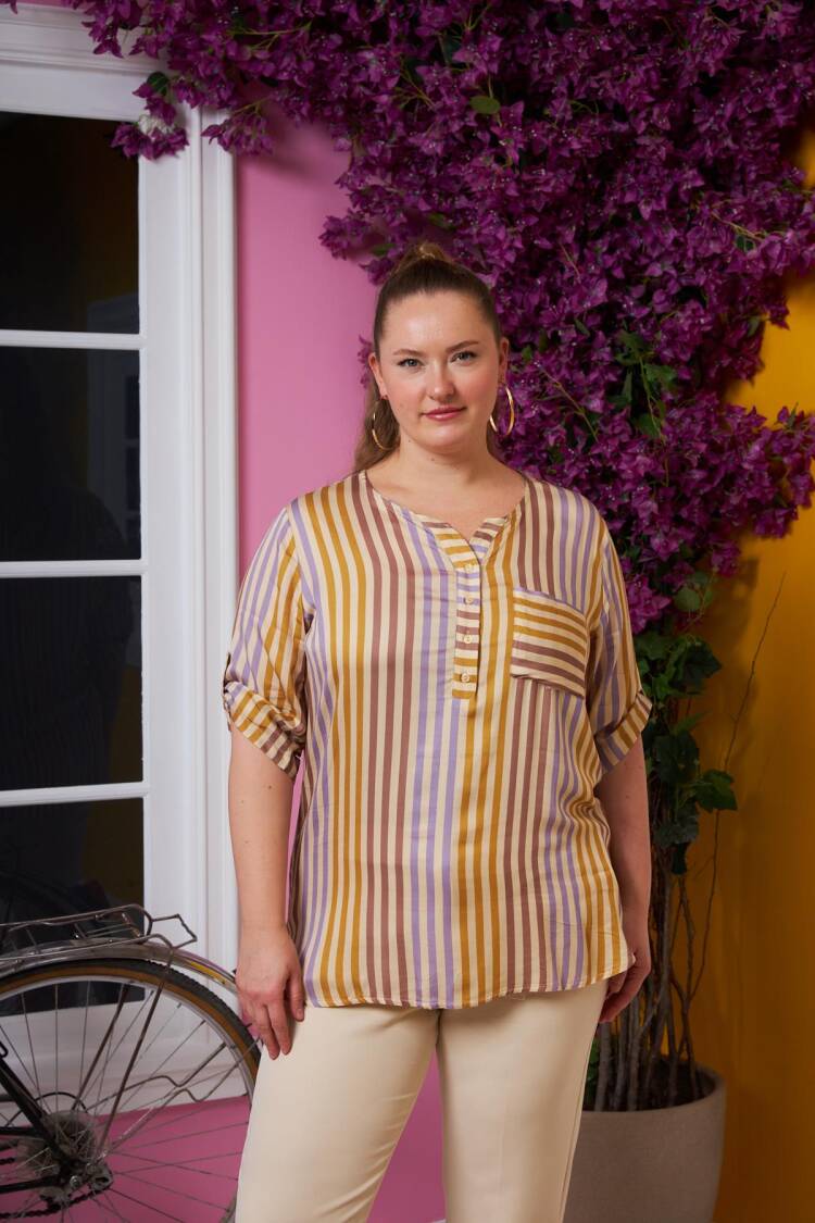 Yellow Striped Casual Plus Size Blouse Elegant