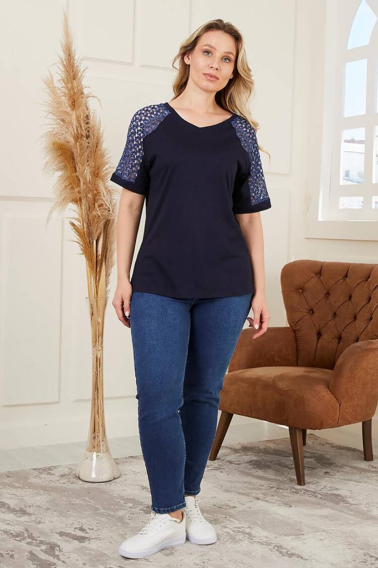 Navy Blue Casual Elegant Plus Size Tshirt