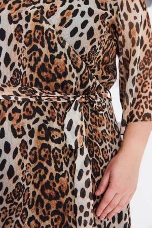 Brown Plus Size Leopard Print Wrap Dress Midi 3/4 Sleeve