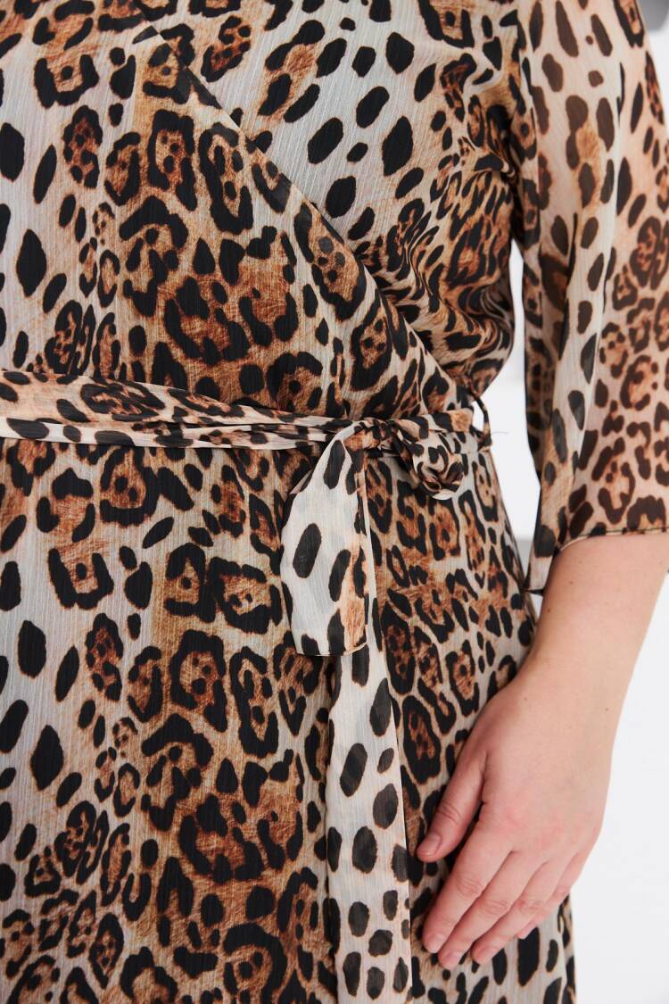 Brown Plus Size Leopard Print Wrap Dress Midi 3/4 Sleeve