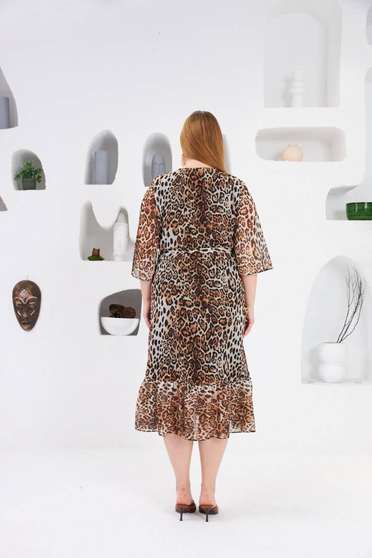 Brown Plus Size Leopard Print Wrap Dress Midi 3/4 Sleeve