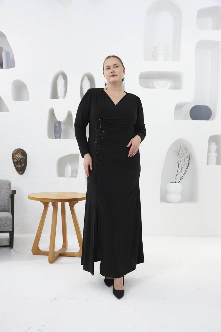 Elegant Black Plus Size Wrap Dress With Sequins