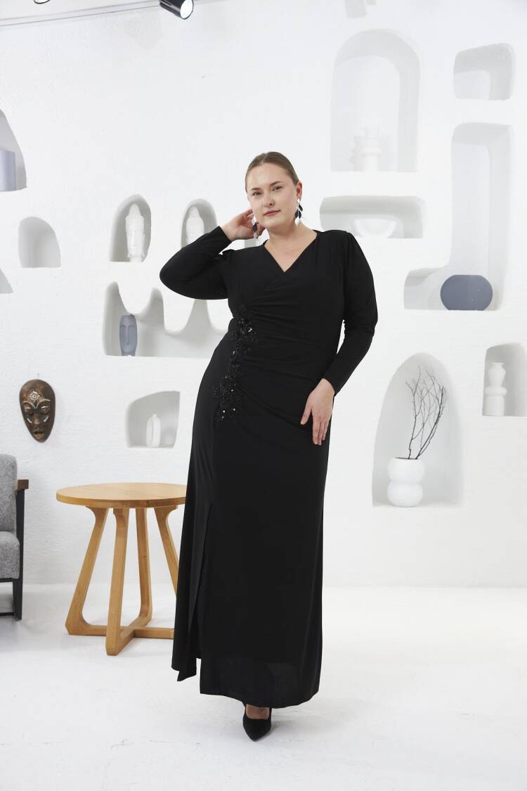 Elegant Black Plus Size Wrap Dress With Sequins