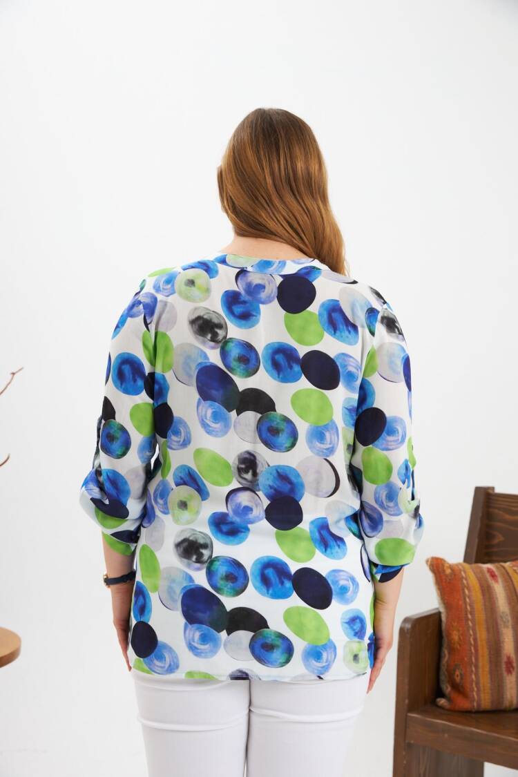 Blue Plus Size Polka Dot Blouse With 3/4 Sleeves
